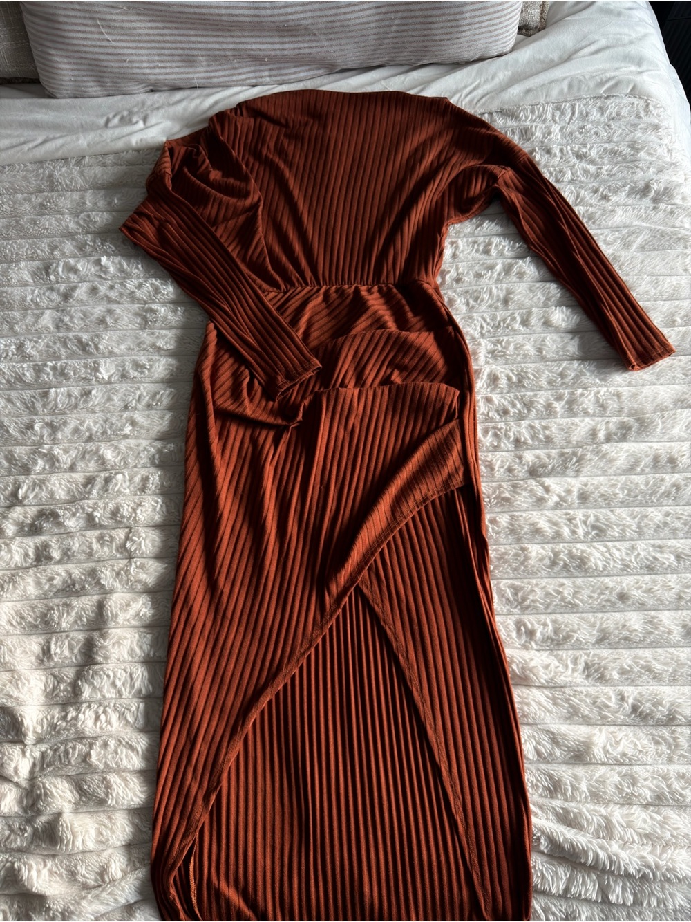 Fashion Nova Rust Ribbed Long Sleeve Maxi Dress